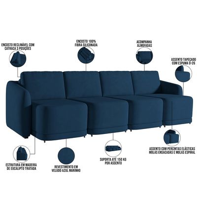 Sofá Cama para Sala de Estar 4 Lugares 316cm Montserrat K01 Veludo Azul Marinho - Lyam Decor