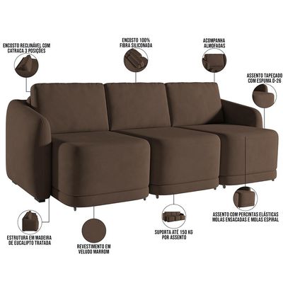 Sofá Cama para Sala de Estar 4 Lugares 336cm Montserrat K01 Veludo Marrom - Lyam Decor