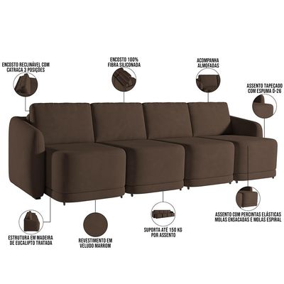 Sofá Cama para Sala de Estar 4 Lugares 356cm Montserrat K01 Veludo Marrom - Lyam Decor