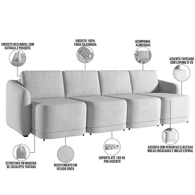 Sofá Cama para Sala de Estar 4 Lugares 356cm Montserrat K01 Veludo Cinza - Lyam Decor