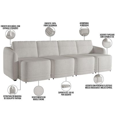 Sofá Cama para Sala de Estar 4 Lugares 396cm Montserrat K01 Bouclê Creme -  Lyam Decor