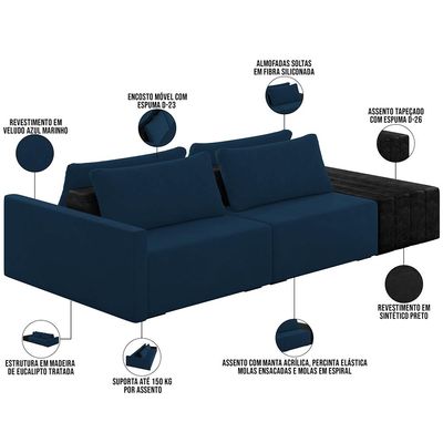 Sofá Ilha Modular Para Sala 252cm com Puff Dublin K01 Veludo Azul Marinho e Sintético Preto - Lyam Decor