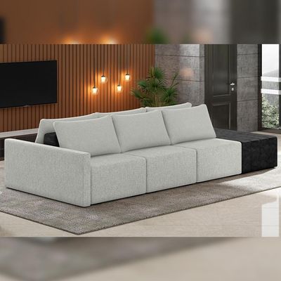 Sofá Ilha Modular Para Sala 342cm com Puff Dublin K01 Linho Cinza e Sintético Preto - Lyam Decor