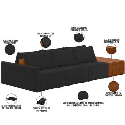 Sofá Ilha Modular Para Sala 342cm com Puff Dublin K01 Veludo Preto Sintético Caramelo - Lyam Decor