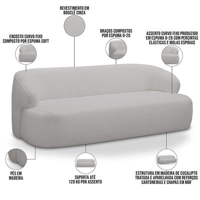 Sofá 2 Lugares Curvo Orgânico Para Sala Living 150cm Barolo L06 Bouclê Cinza - Lyam Decor