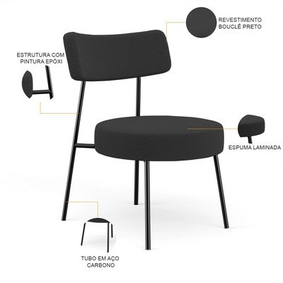Kit 02 Poltronas Decorativas Para Sala De Estar Base Fixa Londres L02 Bouclê Preto - Lyam