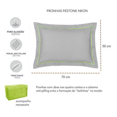 Jogo de Cama KING 200 Fios Percal Algodao Egipcio Cinza Neon Verde 4un
