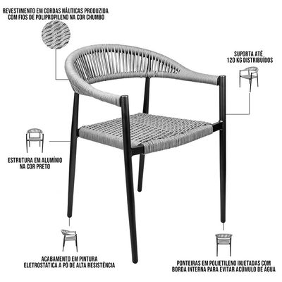 Cadeira Decorativa Para Área Gourmet Base Preto Corda Náutica Nevada R01 Chumbo - Lyam Decor