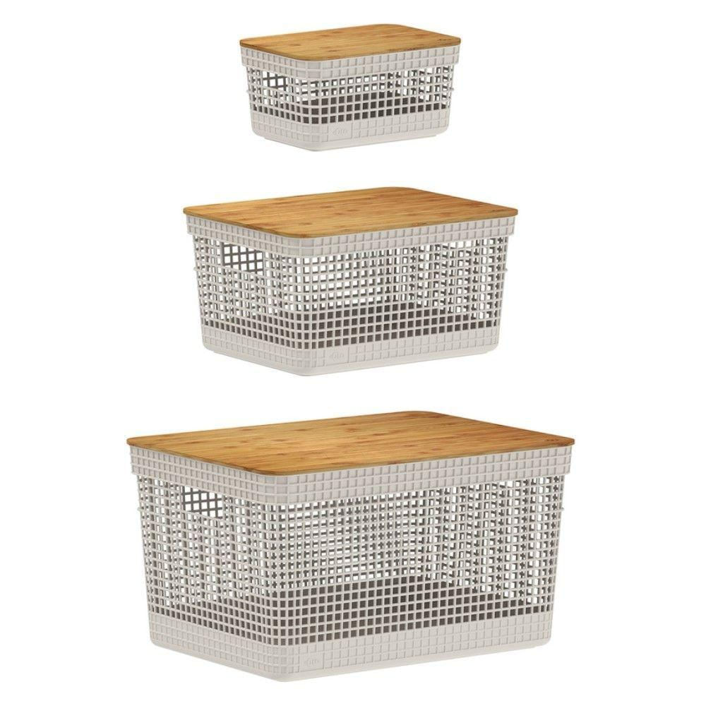 Kit De Cesto Organizador Grid Bege Com Tampa De Bambu 03 Peças