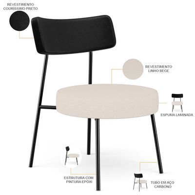 Poltrona Decorativa Para Sala De Estar Base Fixa Londres L02 Couríssimo Preto Linho Bege - Lyam