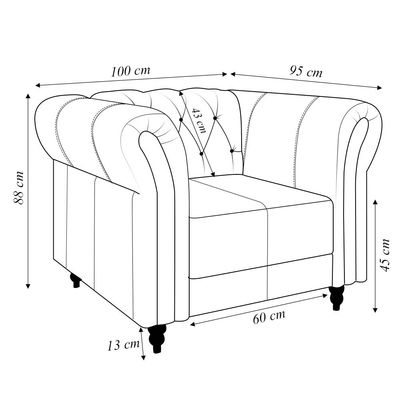 Poltrona Decorativa Sala de Estar Stanford Chesterfield Pés de Madeira Couro Preto Brilho G58 - Gran Belo