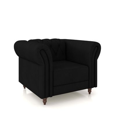 Poltrona Decorativa Sala de Estar Stanford Chesterfield Pés de Madeira Couro Preto G58 - Gran Belo