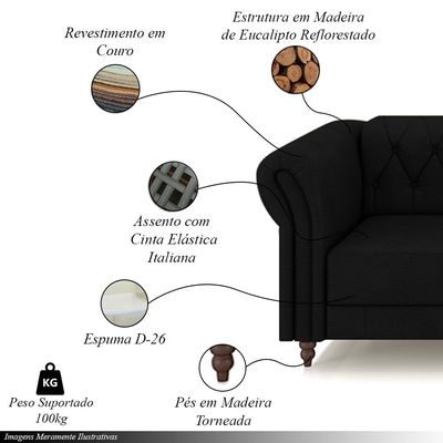 Poltrona Decorativa Sala de Estar Stanford Chesterfield Pés de Madeira Couro Preto G58 - Gran Belo