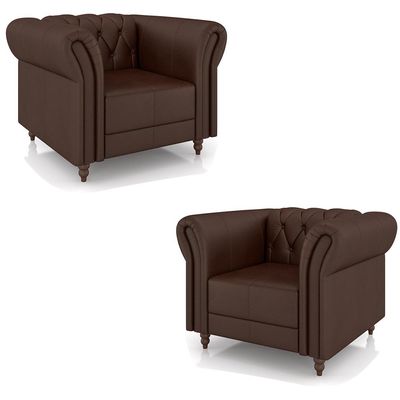 Kit 2 Poltronas Decorativas Sala de Estar Stanford Chesterfield Pés de Madeira Couro Marrom Brilho G58 - Gran Belo