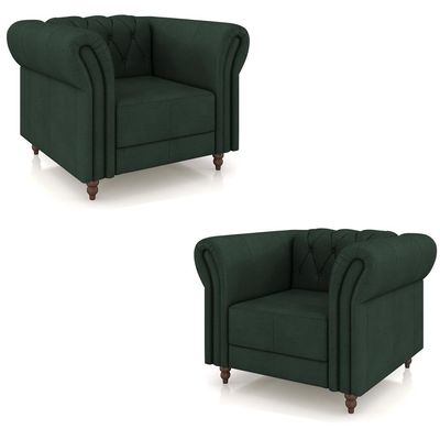Kit 2 Poltronas Decorativas Sala de Estar Stanford Chesterfield Pés de Madeira Couro Verde G58 - Gran Belo
