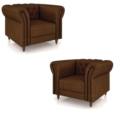 Kit 2 Poltronas Decorativas Sala de Estar Stanford Chesterfield Pés de Madeira Couro Marrom Manchado G58 - Gran Belo