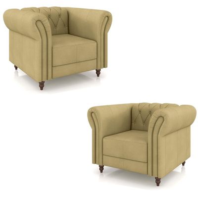 Kit 2 Poltronas Decorativas Sala de Estar Stanford Chesterfield Pés de Madeira Couro Bege G58 - Gran Belo