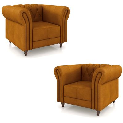 Kit 2 Poltronas Decorativas Sala de Estar Stanford Chesterfield Pés de Madeira Couro Mel G58 - Gran Belo