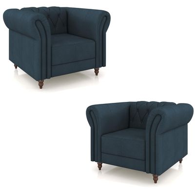 Kit 2 Poltronas Decorativas Sala de Estar Stanford Chesterfield Pés de Madeira Couro Azul Marinho G58 - Gran Belo