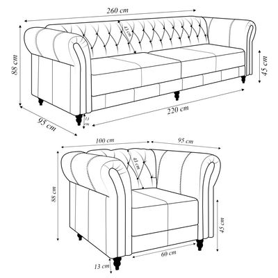 Conjunto Sala de Estar 1 Sofá Living 260cm e 2 Poltronas Stanford Chesterfield Pés Madeira Couro Preto Brilho G58 - Gran Belo
