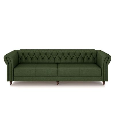 Conjunto Sala de Estar 1 Sofá Living 260cm e 2 Poltronas Stanford Chesterfield Pés Madeira Couro Verde Manchado G58 - Gran Belo