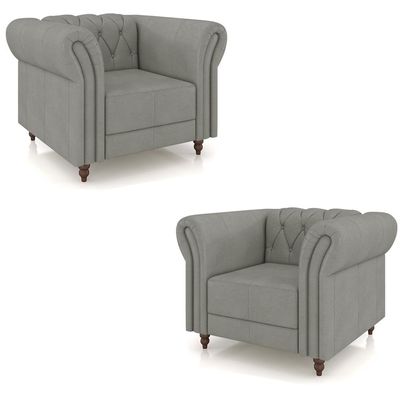Kit 2 Poltronas Decorativas Sala de Estar Stanford Chesterfield Pés de Madeira Couro Cinza G58 - Gran Belo