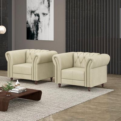 Kit 2 Poltronas Decorativas Sala de Estar Stanford Chesterfield Pés de Madeira Couro Off White G58 - Gran Belo