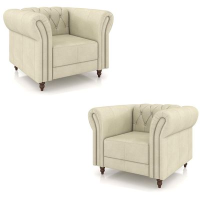 Kit 2 Poltronas Decorativas Sala de Estar Stanford Chesterfield Pés de Madeira Couro Off White G58 - Gran Belo