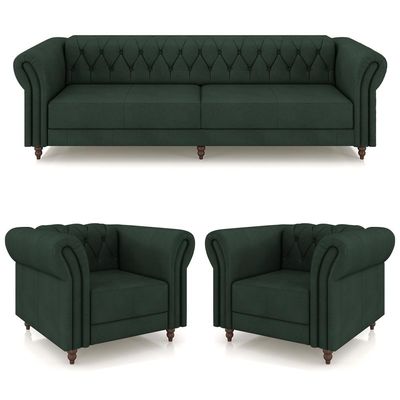 Conjunto Sala de Estar 1 Sofá Living 260cm e 2 Poltronas Stanford Chesterfield Pés Madeira Couro Verde G58 - Gran Belo
