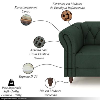 Conjunto Sala de Estar 1 Sofá Living 260cm e 2 Poltronas Stanford Chesterfield Pés Madeira Couro Verde G58 - Gran Belo