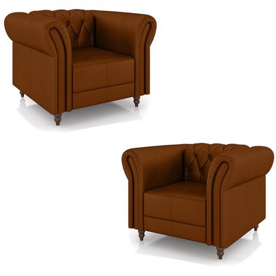 Kit 2 Poltronas Decorativas Sala de Estar Stanford Chesterfield Pés de Madeira Couro Caramelo G58 - Gran Belo