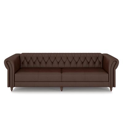 Conjunto Sala de Estar 1 Sofá Living 260cm e 2 Poltronas Stanford Chesterfield Pés Madeira Couro Marrom Brilho G58 - Gran Belo