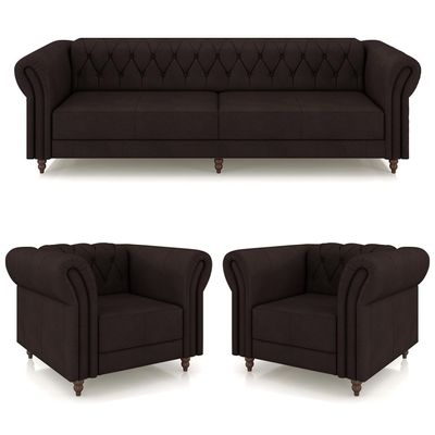 Conjunto Sala de Estar 1 Sofá Living 260cm e 2 Poltronas Stanford Chesterfield Pés Madeira Couro Marrom G58 - Gran Belo