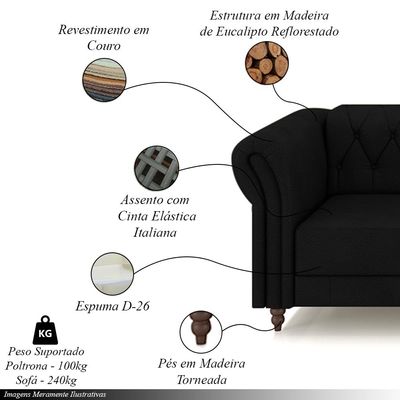 Conjunto Sala de Estar 1 Sofá Living 260cm e 1 Poltrona Stanford Chesterfield Pés Madeira Couro Preto G58 - Gran Belo