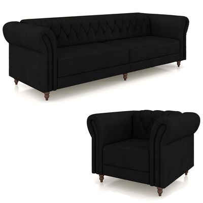 Conjunto Sala de Estar 1 Sofá Living 260cm e 1 Poltrona Stanford Chesterfield Pés Madeira Couro Preto G58 - Gran Belo