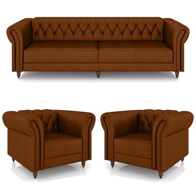 Conjunto Sala de Estar 1 Sofá Living 260cm e 2 Poltronas Stanford Chesterfield Pés Madeira Couro Caramelo G58 - Gran Belo