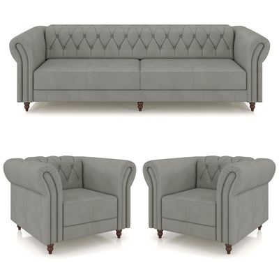 Conjunto Sala de Estar 1 Sofá Living 260cm e 2 Poltronas Stanford Chesterfield Pés Madeira Couro Cinza G58 - Gran Belo
