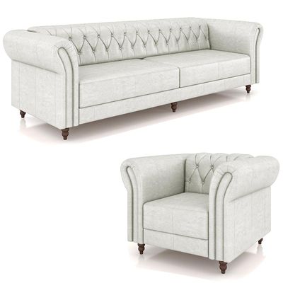 Conjunto Sala de Estar 1 Sofá Living 260cm e 1 Poltrona Stanford Chesterfield Pés Madeira Couro Branco Manchado G58 - Gran Belo