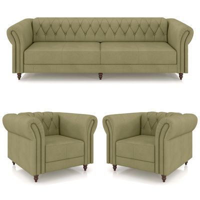 Conjunto Sala de Estar 1 Sofá Living 260cm e 2 Poltronas Stanford Chesterfield Pés Madeira Couro Fendi G58 - Gran Belo