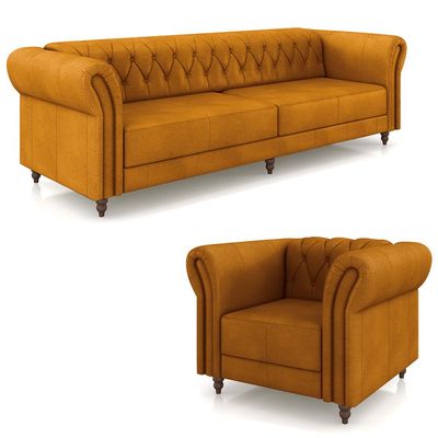 Conjunto Sala de Estar 1 Sofá Living 260cm e 1 Poltrona Stanford Chesterfield Pés Madeira Couro Mel G58 - Gran Belo