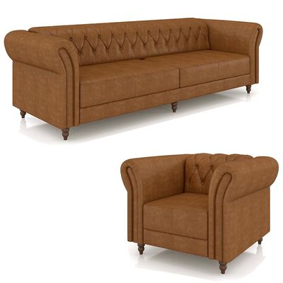 Conjunto Sala de Estar 1 Sofá Living 260cm e 1 Poltrona Stanford Chesterfield Pés Madeira Couro Mel Manchado G58 - Gran Belo