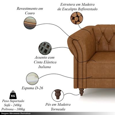 Conjunto Sala de Estar 1 Sofá Living 260cm e 1 Poltrona Stanford Chesterfield Pés Madeira Couro Mel Manchado G58 - Gran Belo