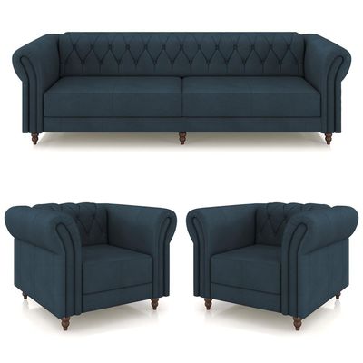 Conjunto Sala de Estar 1 Sofá Living 260cm e 2 Poltronas Stanford Chesterfield Pés Madeira Couro Azul Marinho G58 - Gran Belo