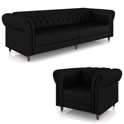 Conjunto Sala de Estar 1 Sofá Living 260cm e 1 Poltrona Stanford Chesterfield Pés Madeira Couro Preto Brilho G58 - Gran Belo