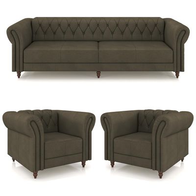 Conjunto Sala de Estar 1 Sofá Living 260cm e 2 Poltronas Stanford Chesterfield Pés Madeira Couro Capuccino G58 - Gran Belo