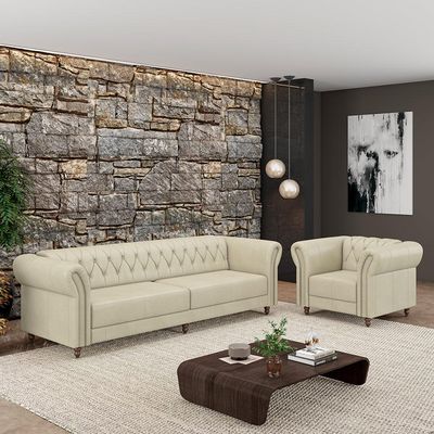Conjunto Sala de Estar 1 Sofá Living 260cm e 1 Poltrona Stanford Chesterfield Pés Madeira Couro Off White G58 - Gran Belo