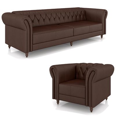 Conjunto Sala de Estar 1 Sofá Living 260cm e 1 Poltrona Stanford Chesterfield Pés Madeira Couro Marrom Brilho G58 - Gran Belo