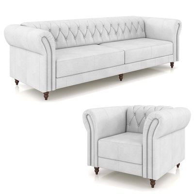 Conjunto Sala de Estar 1 Sofá Living 260cm e 1 Poltrona Stanford Chesterfield Pés Madeira Couro Branco G58 - Gran Belo