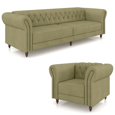 Conjunto Sala de Estar 1 Sofá Living 260cm e 1 Poltrona Stanford Chesterfield Pés Madeira Couro Fendi G58 - Gran Belo