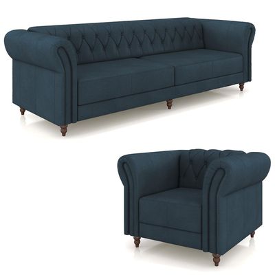 Conjunto Sala de Estar 1 Sofá Living 260cm e 1 Poltrona Stanford Chesterfield Pés Madeira Couro Azul Marinho G58 - Gran Belo